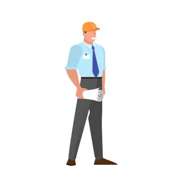 Man engineer standing. Construction industry, worker in yellow Stock Illustration