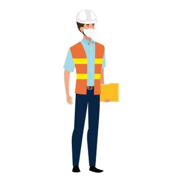 Man engineer with vest using face mask isolated icon Illustrazione stock