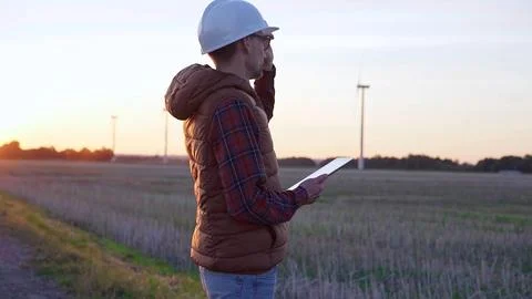 Man engineer, wearing a white protective helmet is taking notes with a tablet Foto stock