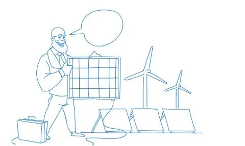 Man engineer wind turbine solar energy panel renewable station presentation chat Stock Illustration