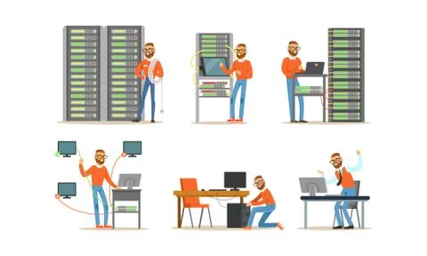 Man Engineer Working in Server Room. Digital Computer Center and Data Support Stock Illustration
