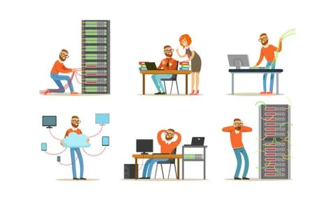 Man Engineer Working in Server Room. Digital Computer Center and Data Support Illustrazione stock