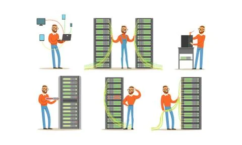Man Engineer Working in Server Room. Digital Computer Center and Data Support Stock Illustration