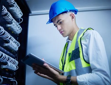 Man, engineering and server room, tablet and data center management, power Stock Photos