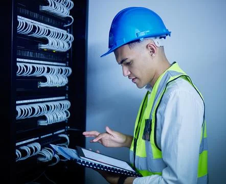 Man, engineering and tablet for data center maintenance, server room programming Stock Photos