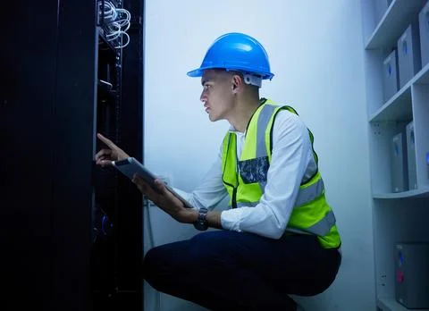 Man, engineering and tablet for power maintenance, server room or data center Stock Photos
