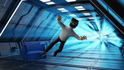Man enjoy virtual reality with VR glasses levitation in sci fi spaceship Stock Footage 247429673