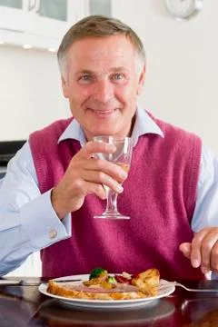 Man enjoying healthy meal,mealtime with a glass of wine Stock Photos
