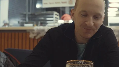 Man is enjoying pints in a bar. Stock Footage 85366412