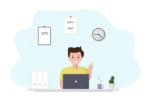 Man enjoys an online learning course. Home learning online and freelance. Vector Stockillustratie