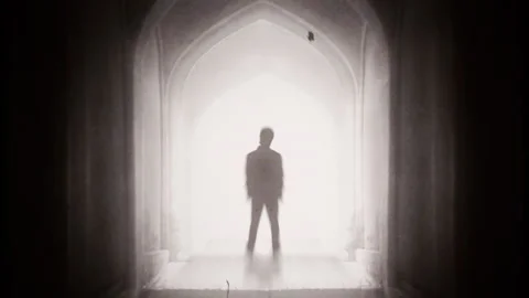 Man Enter Celestial Portal Sky Clouds Vintage Style Tracking Shot Vídeo Stock 264524601