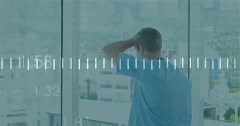 Man entering glass wall, touching back of neck, waveform animating in response 库存影片 328252235