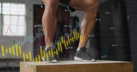 Man entering, jumping onto plyo box with animated candlestick charts, line Stock Footage 310864083