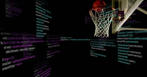 Man entering projection space and dunking basketball amid scrolling code visuals 스톡 동영상 314333890