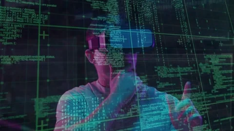 Man entering tech lab and placing VR headset, activating code grid for analyzing Stock Footage 319682447