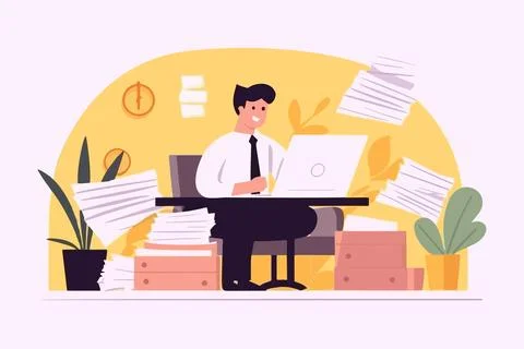 Man entrepreneur using laptop, setting aside paper folders. Cheerful male w.. Stock Illustration