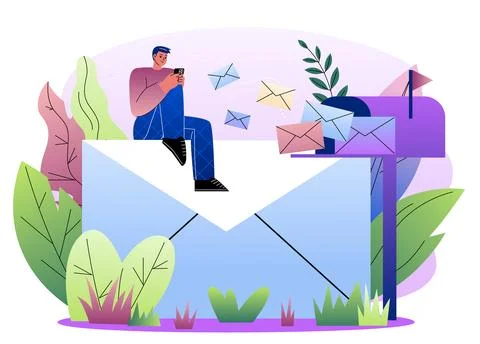 Man with envelope and mailbox scene. Vector illustration Stock Illustration