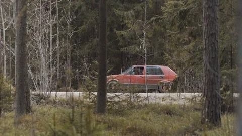 Man escapes from the chasing car on a forest road Stock Footage 83223496