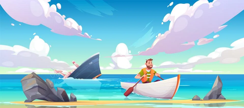 Man escaping from sinking ship after shipwreck Stock Illustration