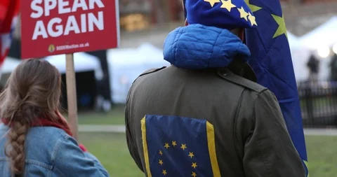 The man with EU Flag On The Coat and Hat at the protest against Brexit Video stock 102751058