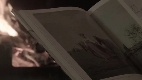 A man in the evening examines a book in front of a fireplace 스톡 동영상 74243714