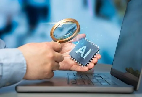 A man examines an AI microchip under a magnifying glass. Evaluating AI tool.. Stock Photos
