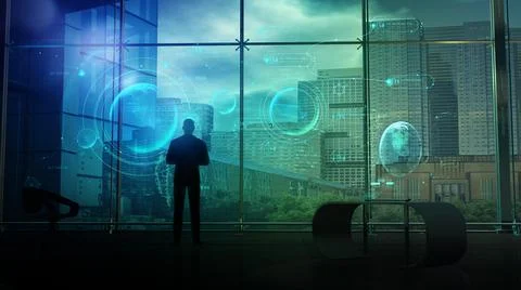 A man examines an infographic on a virtual interface, 3D render. Illustrazione stock