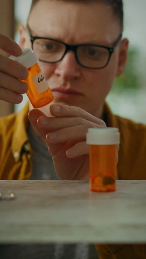 Man examines prescription bottles while organizing medication at home in the Stock Footage 331642872