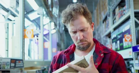 Man Examines Product in Hardware Store Aisle Видео 323779951