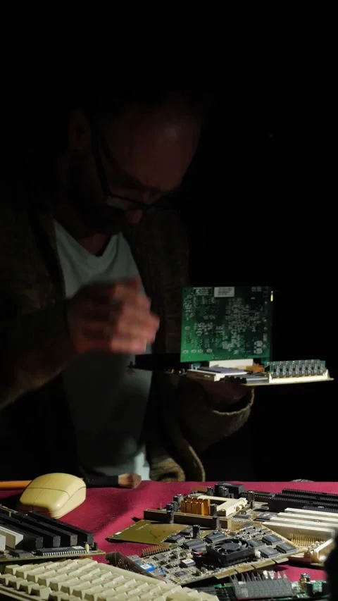 Man Examining Circuit Board in a Dimly Lit Workspace Stock Footage 292917231