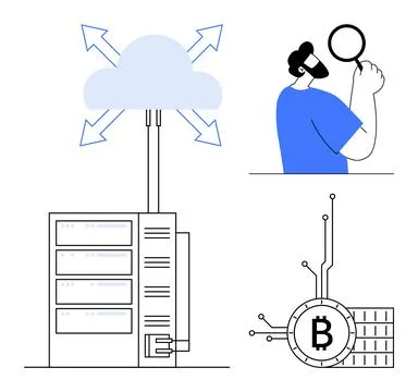 Man examining data, cloud storage connecting to servers, and a Bitcoin symbol Stock Illustration