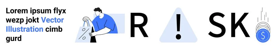 Man examining data, exclamation mark inside triangle, and coin stack. Ideal f Stock Illustration