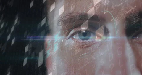 Man examining technology interface, showing holographic binary code, data Stock Footage 309285562