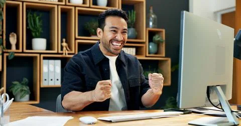 Man, excited and computer in office for success, business achievement or cr.. Stock Photos
