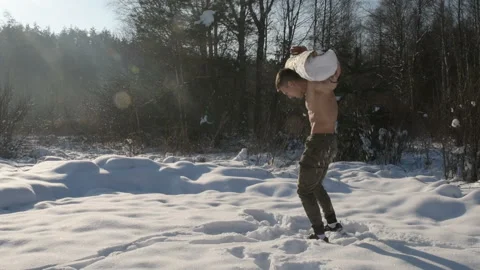 Man exercise with log, timber outdoors at snow 스톡 동영상 147223189