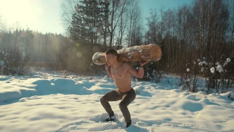 Man exercise with log, timber outdoors Stock Footage 148362148