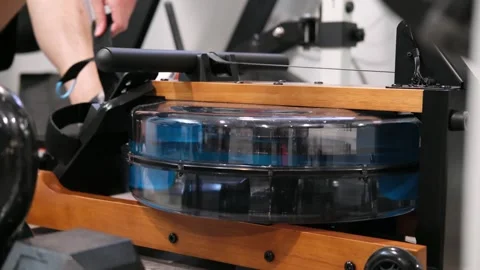 Man on an exercise water rowing machine San Francisco CA USA February 5th 2026 Video stock 329649858