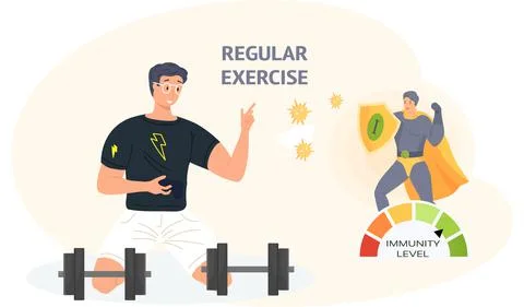 Man exercising with dumbbells vector illustration. Superhero demonstrates high Stock Illustration