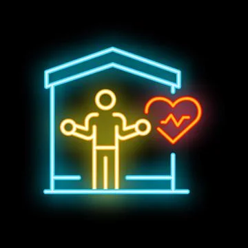 Man exercising indoors lifting weights with heartbeat icon neon sign Ilustración de archivo