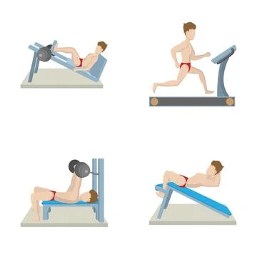 Man exercising in various gym workout routines Stock Illustration