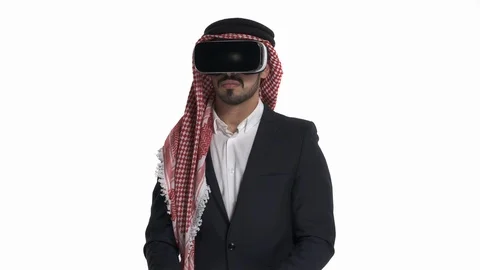 Man experiences VR goggles usage. Close-up of a man enjoying virtual reality Stock Footage 125830379