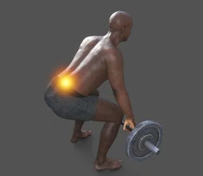 A man experiencing back pain while lifting a barbell, 3d illustration Stock Illustration