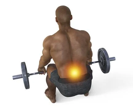 A man experiencing back pain while lifting a barbell, 3d illustration Stock Illustration