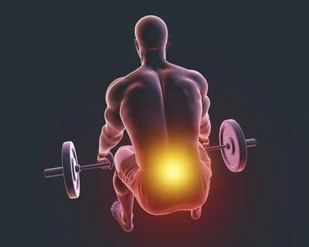 A man experiencing back pain while lifting a barbell, 3d illustration Stock Illustration