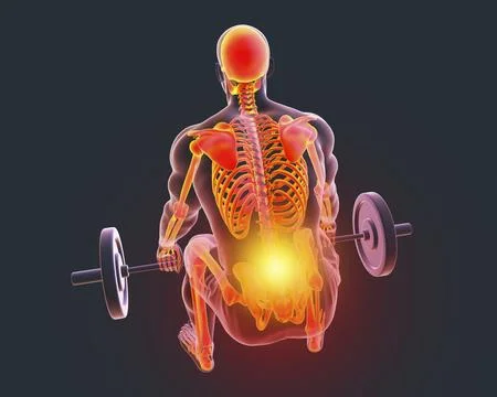 A man experiencing back pain while lifting a barbell, 3d illustration 스톡 일러스트
