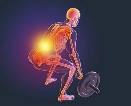 A man experiencing back pain while lifting a barbell, 3d illustration Stock Illustration