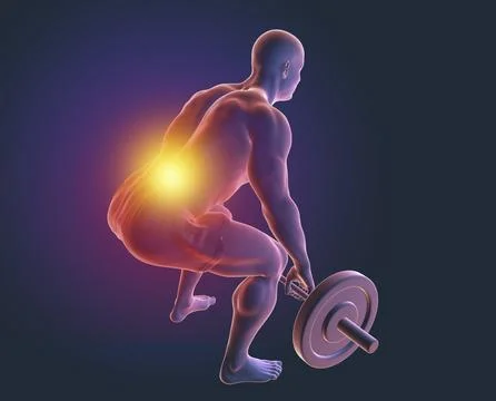 A man experiencing back pain while lifting a barbell, 3d illustration Stock Illustration