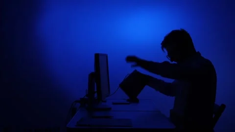 Man experiencing computer problems, showing stress and anger Stock Footage 318979765