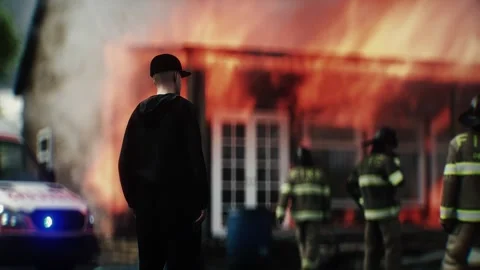 Man Experiencing Loss of Home Standing in Front of Burning Home 스톡 동영상 336516143