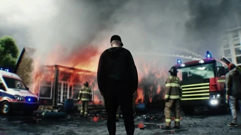 Man Experiencing Loss of Home Standing in Front of Burning Home 스톡 동영상 336516146